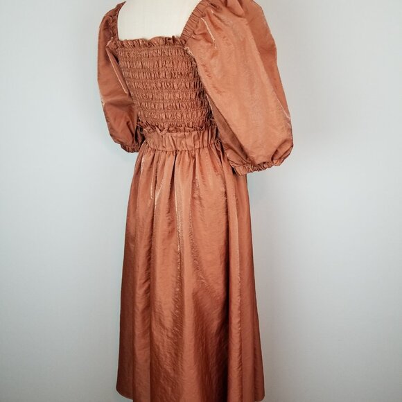 Moon River Copper A Line Midi Dress Smocked Bodice Puff Sleeves Medium NEWw/Tags - Picture 7 of 10